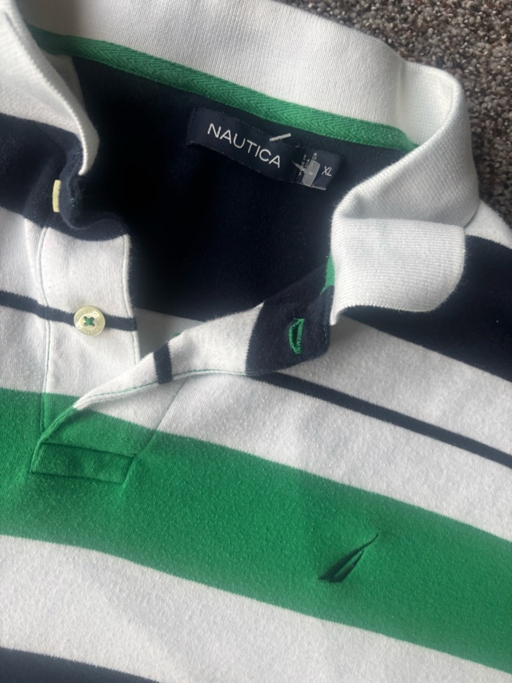 Nautica Green Navy White Striped Polo Shirt XL men golf collar button - Picture 3 of 5